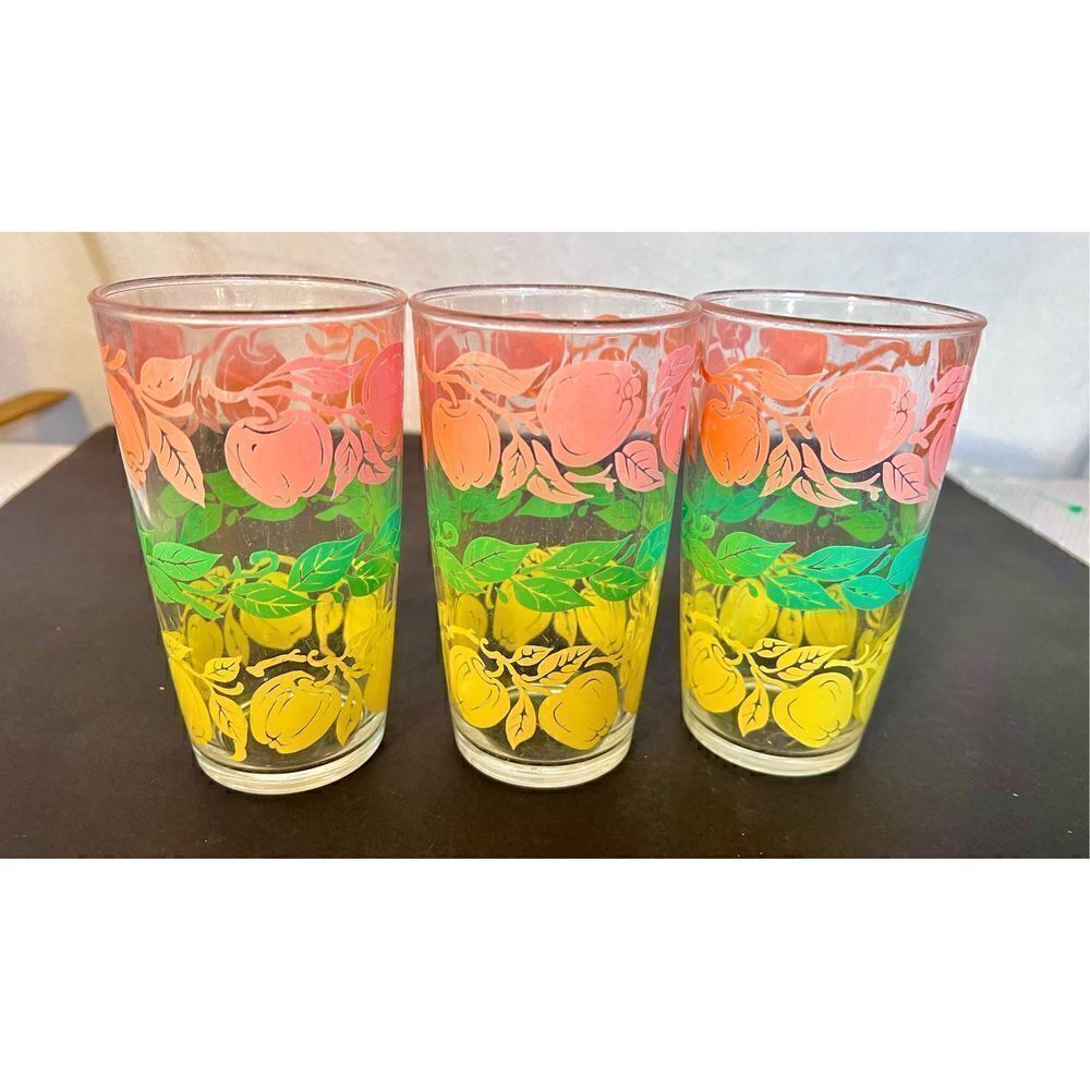 HAZEL ATLAS Tumblers Apple Fruit Decor Pastel Colors Pink Green Yellow Set of Tw
